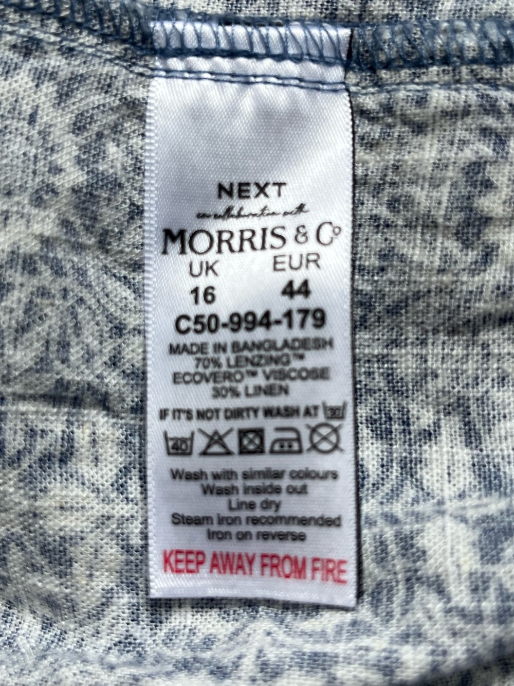 Next x Morris & Co. Blue Floral Print Ruffle Hem Mini Dress, 12 - Picture 5 of 5